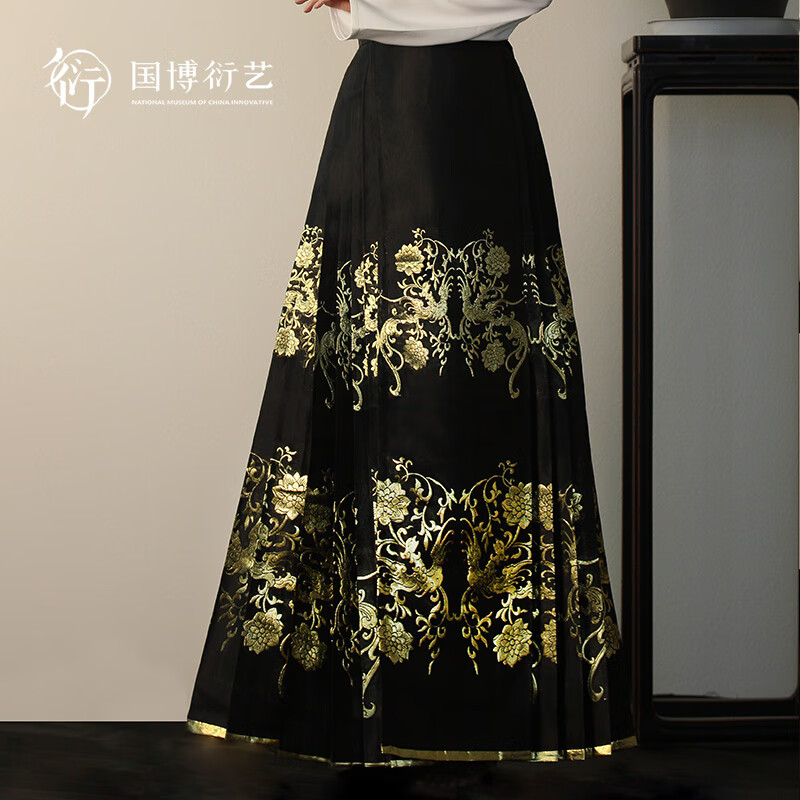 中国国家博物馆国韵芳华马面裙国风新中式传统服饰高端订婚新婚用品 凤穿牡丹马面裙（黑）-L