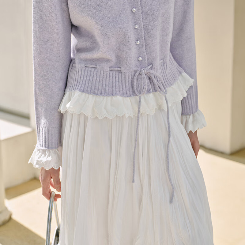 香影超好看紫色毛衣开衫女2026春季新款含羊毛拼接宽松套头针织衫 紫色