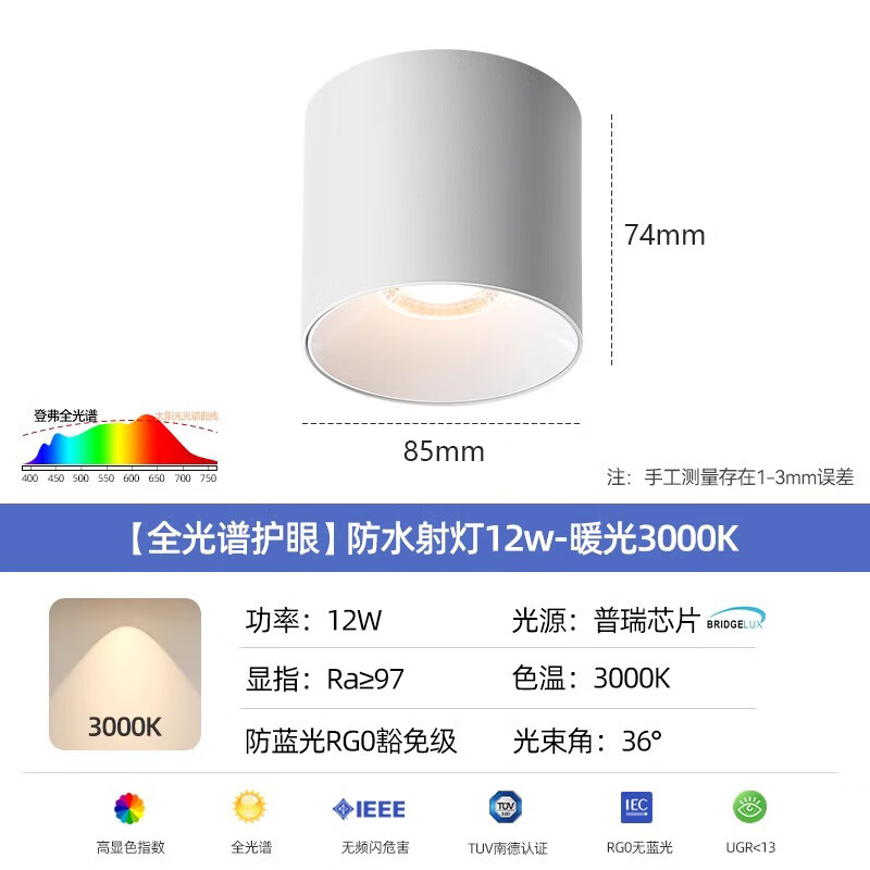 光巨量防水雾明装射灯天花灯厨房筒灯淋浴室家用卫生间干区户外雨棚IP65 白色-12W-3000K-防水射灯
