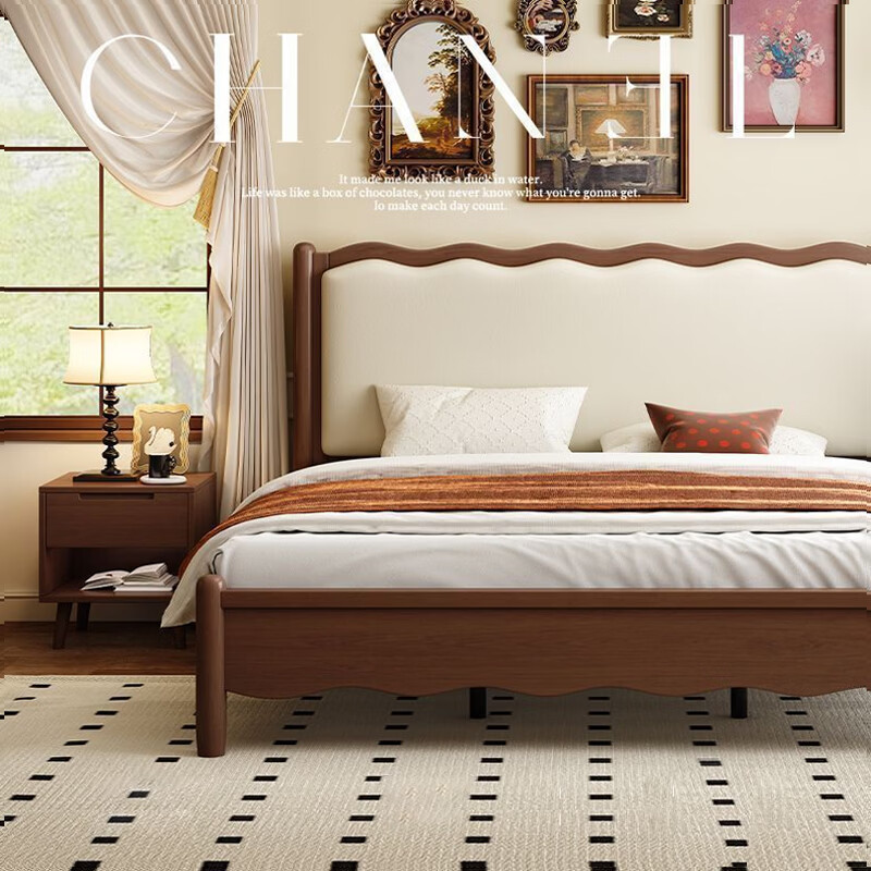  梵宜 法式复古波浪床软靠 樱桃木床 静音床板