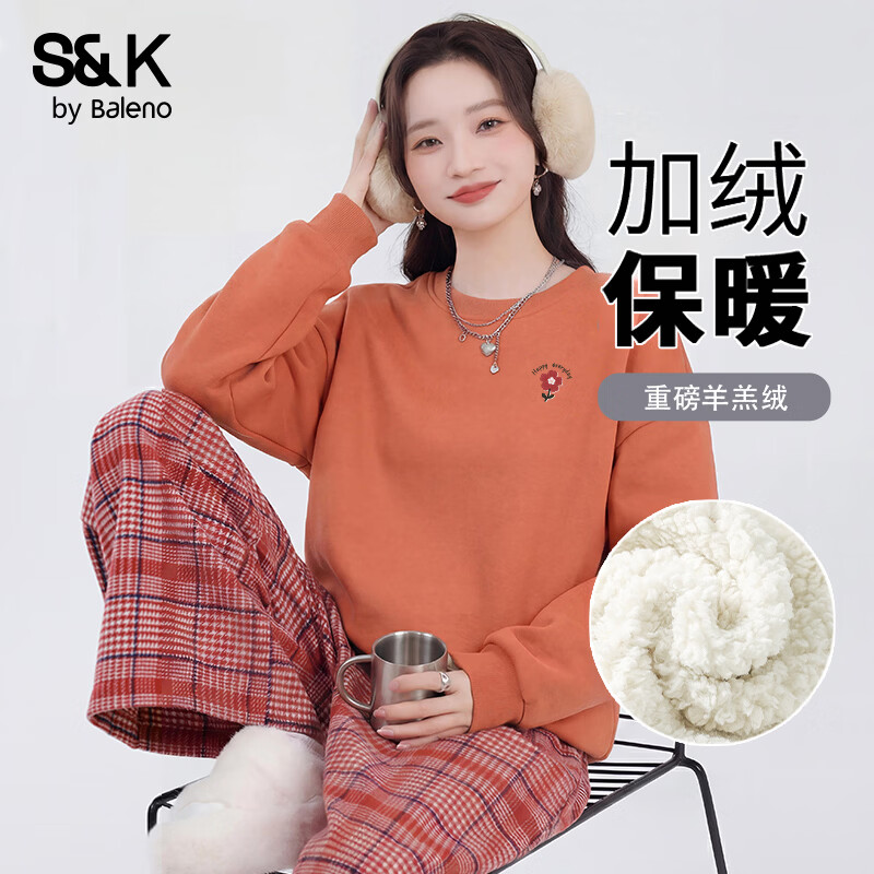  Baleno/班尼路 加绒保暖 女士卫衣 浅橙#红色花k 【圆领卫衣】 M