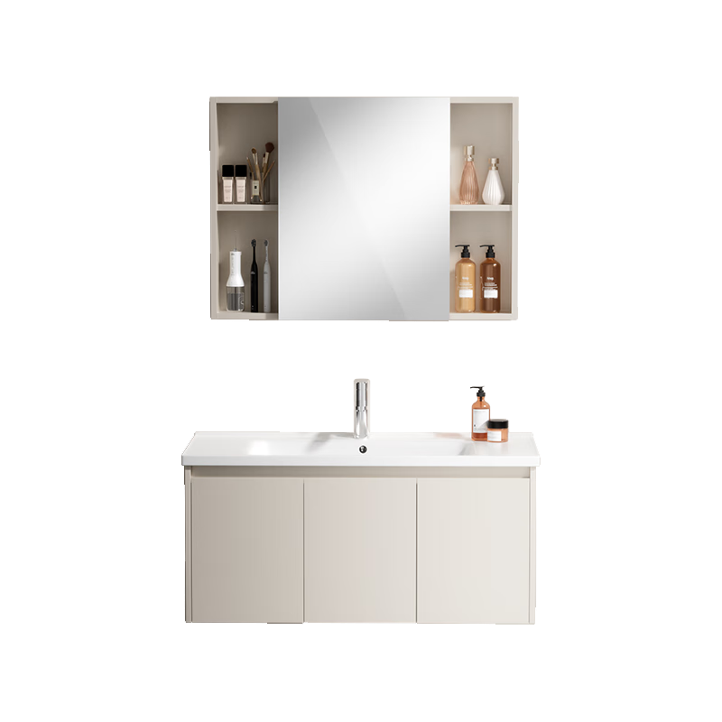  HEGII/恒洁 E0级 浴室柜套装+陶瓷一体盆+分区美妆柜 奶油白100cm