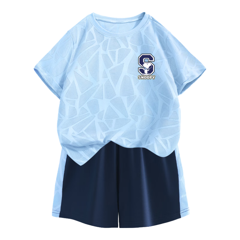                                                                                 史努比儿童套装网眼速干运动短袖短裤男女童衣服休闲童装 蓝 锻炼努比X 140