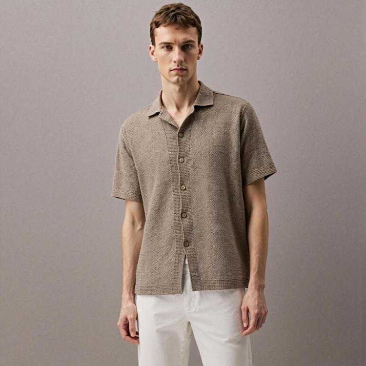  ZARA 简约复古度假风 男士衬衫式短袖针织开衫