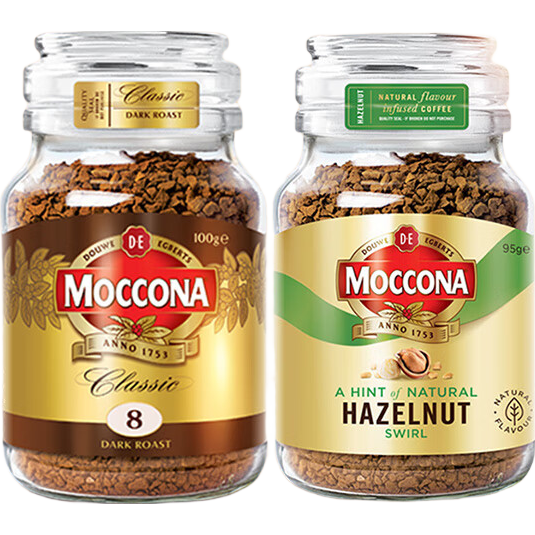 Moccona 摩可纳 咖啡粉组合装 2口味 195g（深度烘焙冻干速溶咖啡8号100g+轻度烘焙咖啡粉榛果风味95g）
