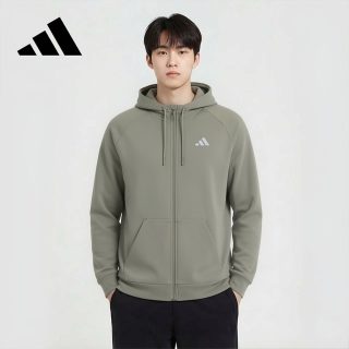 阿迪达斯 男装针织连帽夹克休闲运动外套IW8395 卵石银灰 L