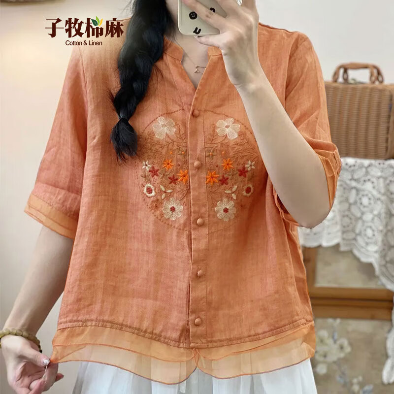  子牧棉麻 绣花 女士衬衫