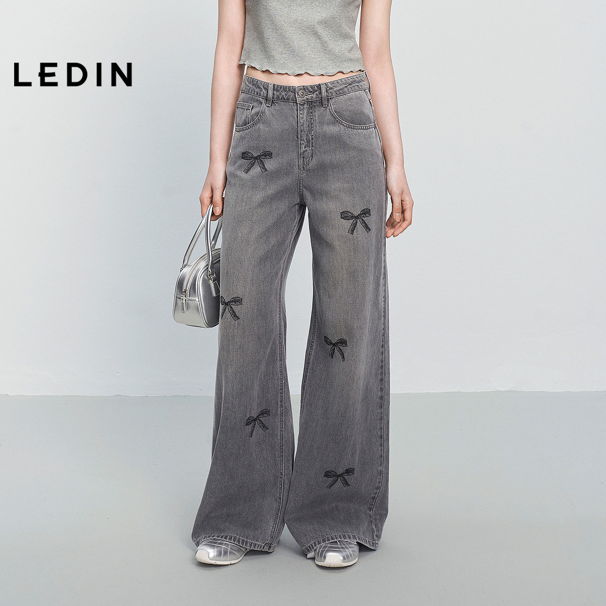  LEDIN/乐町 蕾丝蝴蝶结 女士牛仔裤