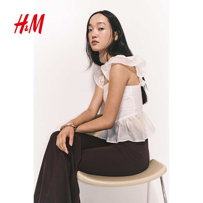 H&M 绑带设计裙式下摆上衣 白色 S