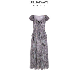 Lulualways 26夏季新款法式浪漫紫色碎花气质雪纺连衣裙