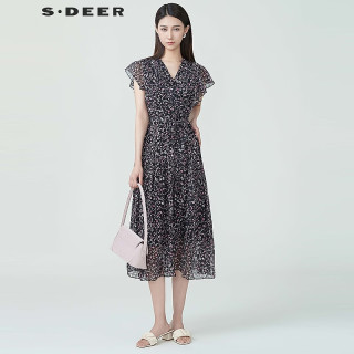 S.DEER 女装V领荷叶边碎花雪纺连衣裙S233Z1273 紫黑