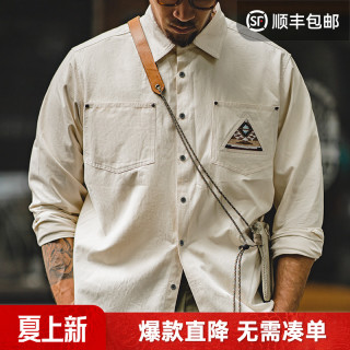 马登 男士长袖衬衫 复古印第安图腾米白色拼接口袋叠穿寸衣