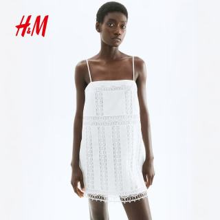 H&M 女装蕾丝拼接连衣裙夏季蕾丝镶嵌吊带连身裙1295580 白色 XL 175/116