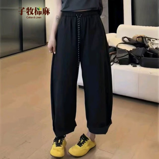 子牧棉麻 2026夏春装 女文艺百搭薄款九分裤宽松显瘦松紧腰阔腿休闲裤0731 黑色
