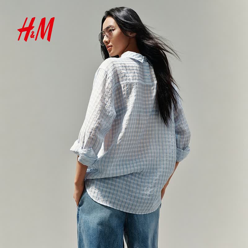 H&M 1335605 反领套头格纹衬衫 浅蓝色 M