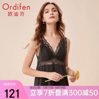 欧迪芬 睡衣家居服薄款V领蕾丝花卉女士睡裙镂空拼接款短裙睡衣 XH0101