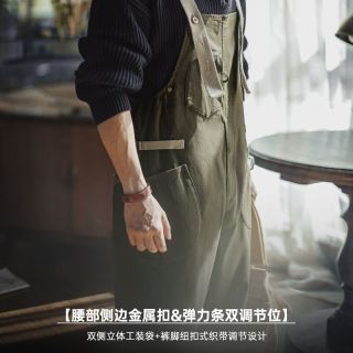 马登 工装美式复古BF背带裤男宽松直筒高腰男士休闲裤春冬连体长裤子 军绿色 M