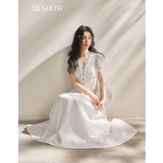谜秀 蕾丝拼接连衣裙纯棉白裙子女2026夏季新品V领收腰浪漫轻礼服长裙 海盐白 S