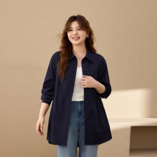 纤莉秀 大码女装纯棉抽绳收腰衬衫