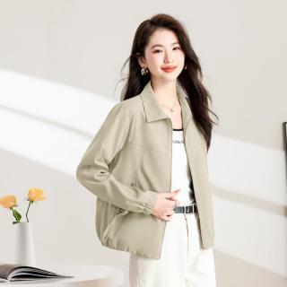 Sanpowa 纯色翻领外套夹克春季大码宽松上衣休闲减龄防寒保暖女士外套