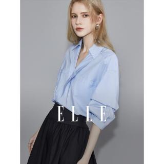 ELLE 斜门襟V领衬衫女夏款宽松薄款轻奢高级欧若风女式上衣纯棉衬衣