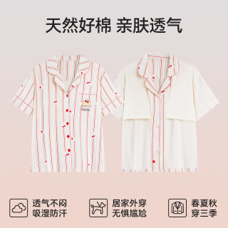 都市丽人 纯棉 女士睡衣套装 红条纹樱桃小猫
