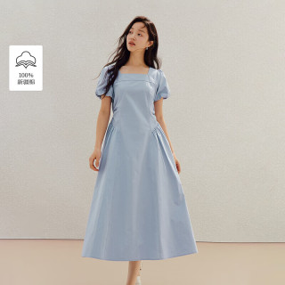 茵曼 真五折促销！法式泡泡袖方领短袖连衣裙