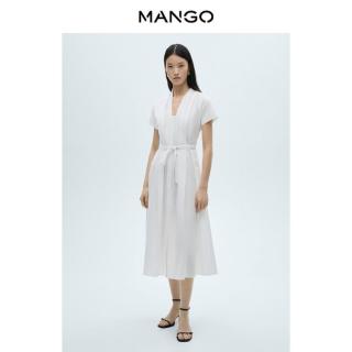 限尺码：MANGO 女装连衣裙2025新年系列白色棉质V领短袖褶皱裙