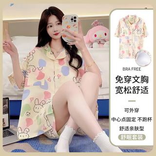 芬腾可安 夏季新款短袖短裤女休闲开衫翻领可爱卡通可外穿带胸垫家居服套装 带胸垫睡衣