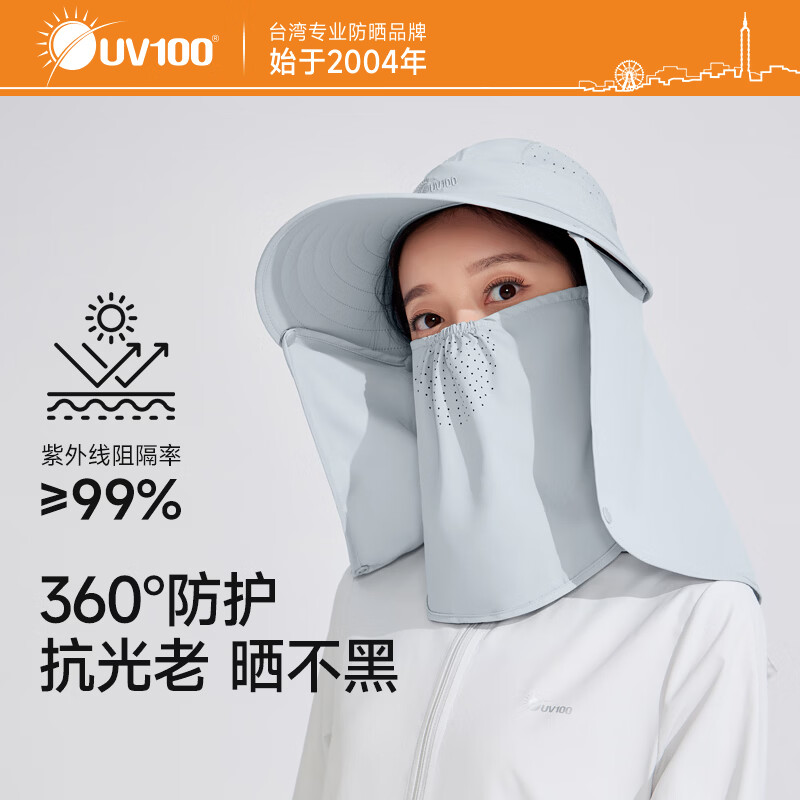 UV100 24408 防紫外线大帽檐护颈遮阳帽 霜绿灰 F