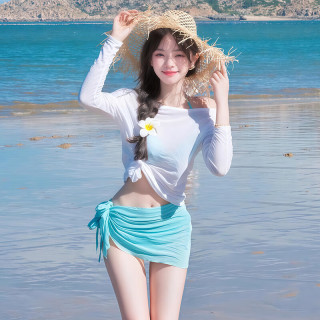 麓格立 比基尼女泳衣女新款海边泡温泉性感小清新长袖罩衫分体度假泳装