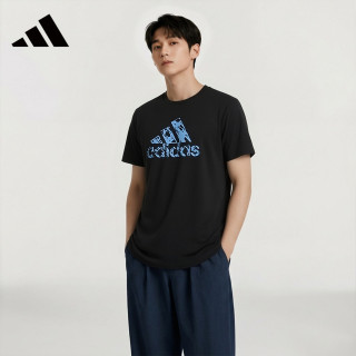 adidas 短袖男2023夏季休闲舒适运动服透气圆领男T恤 黑/蓝 S
