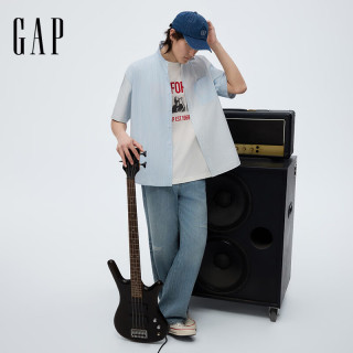 Gap 男装2026夏季新款纯棉logo印花宽松翻领短袖衬衫上衣891333 蓝色条纹 L (175/96A)亚洲尺码