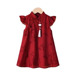 QITA 女童国风旗袍连衣裙夏装新款柔软透气儿童公主裙汉服宝宝周岁礼服 红色 90