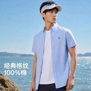 Hodo 纯棉舒适格纹衬衫男短袖休闲衬衫男