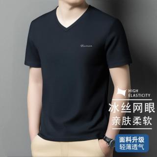 罗蒙 冰丝t恤男短袖夏薄款简约时尚弹力百搭V领运动体恤