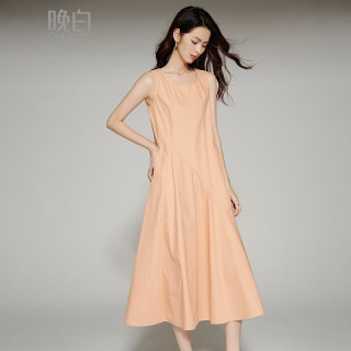 晚白 100%纯棉无袖连衣裙2026夏款休闲纯色减龄宽松大码遮肉显瘦裙子