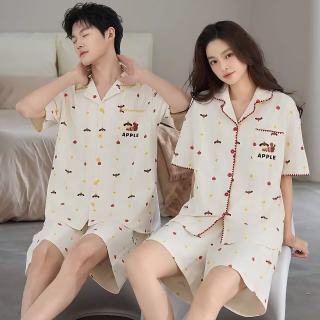 勋阳宇乐 纯棉情侣睡衣女夏季贝壳花边翻领卡通短袖短裤家居服