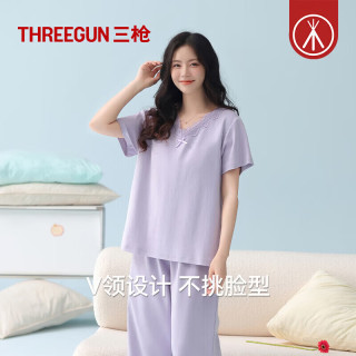 三枪 家居服 薄款纯棉 蕾丝睡衣 带bra套装