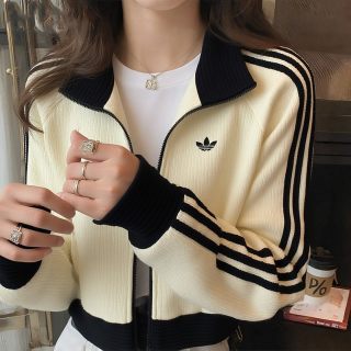 adidas 三叶草针织外套女2026夏季新款三条纹立领夹克运动服上