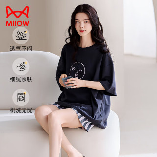 猫人 睡衣女士夏季  带胸垫纯棉薄款  大码套装女