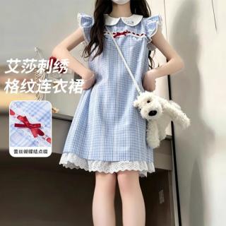 迪士尼 艾莎公主格纹连衣裙女童2026夏季新款儿童中大童小清新裙子