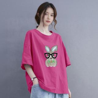 吉妮 2026夏季纯棉短袖女T恤宽松大码玫红色可爱印花时尚百搭减龄