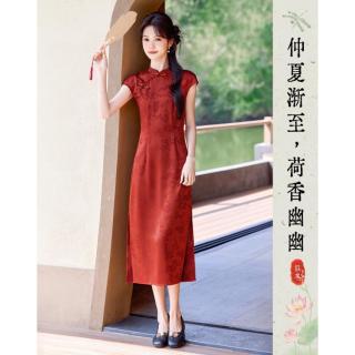 似水年华 26夏新中式改良旗袍红调植物印花斜襟盘扣收腰显瘦国风长裙