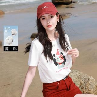 三彩 2026夏季圆领棉白T恤短袖宽松藏肉大码女装