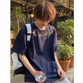 国潮牌藤蔓花朵印花短袖t恤男夏季街头风宽松纯棉休闲款打底上衣
