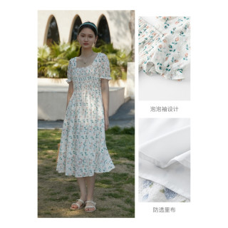 自巧 小个子法式方领蓝色碎花连衣裙女夏新款温柔风雪纺茶歇裙2