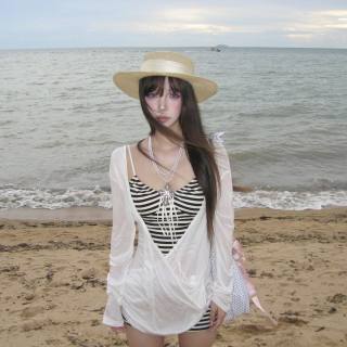 恬饰 分体泳衣比基尼条纹拍照慵懒纯欲长袖罩衫防晒海岛度假温泉 泳衣女 均码