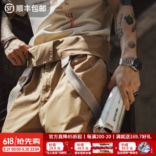马登 工装美式复古骑兵背带裤男多口袋直筒长裤子男士休闲裤春季新款 卡其色 M