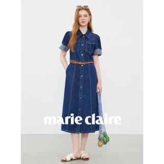 Marie Claire 收腰翻领a字牛仔连衣裙女夏季衬衫通勤中长裙